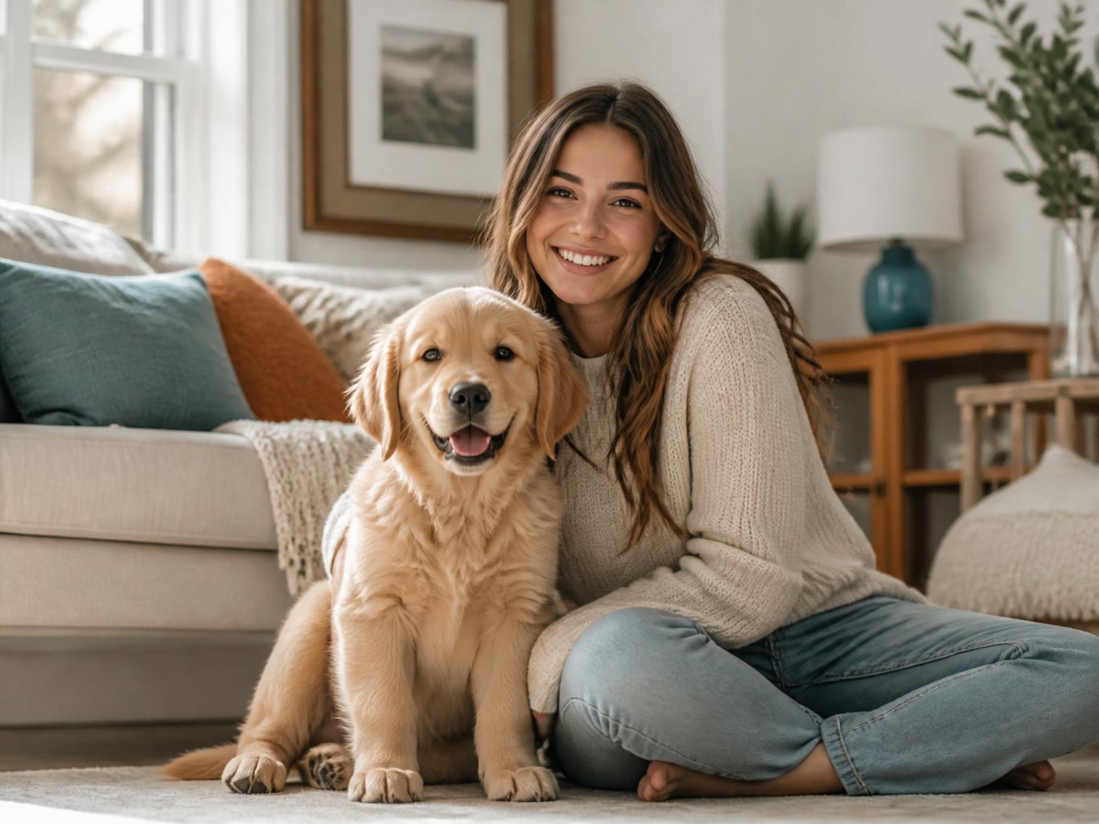 Happy puppy sitting calmly with their owner